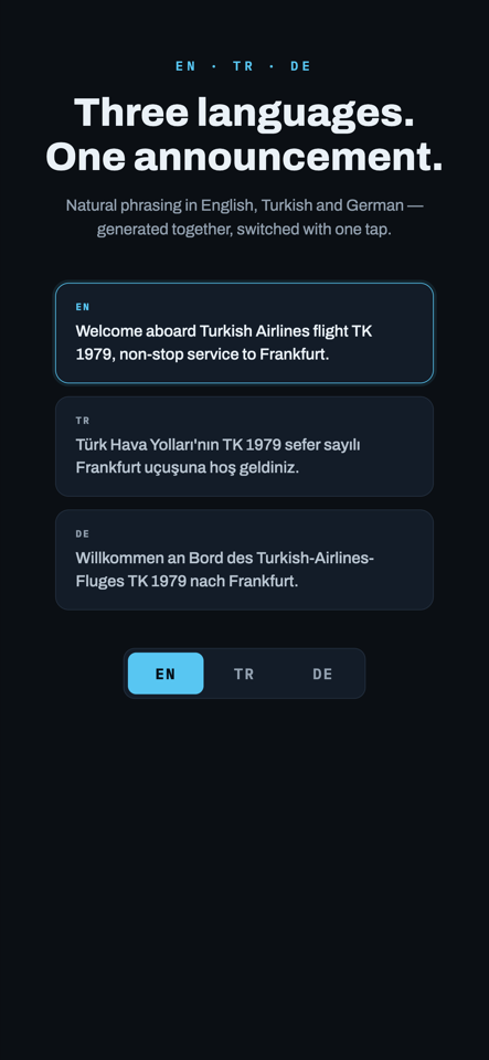 The same announcement in English, Turkish, and German