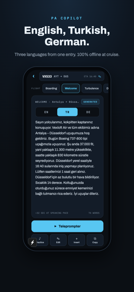 The same announcement in English, Turkish, and German